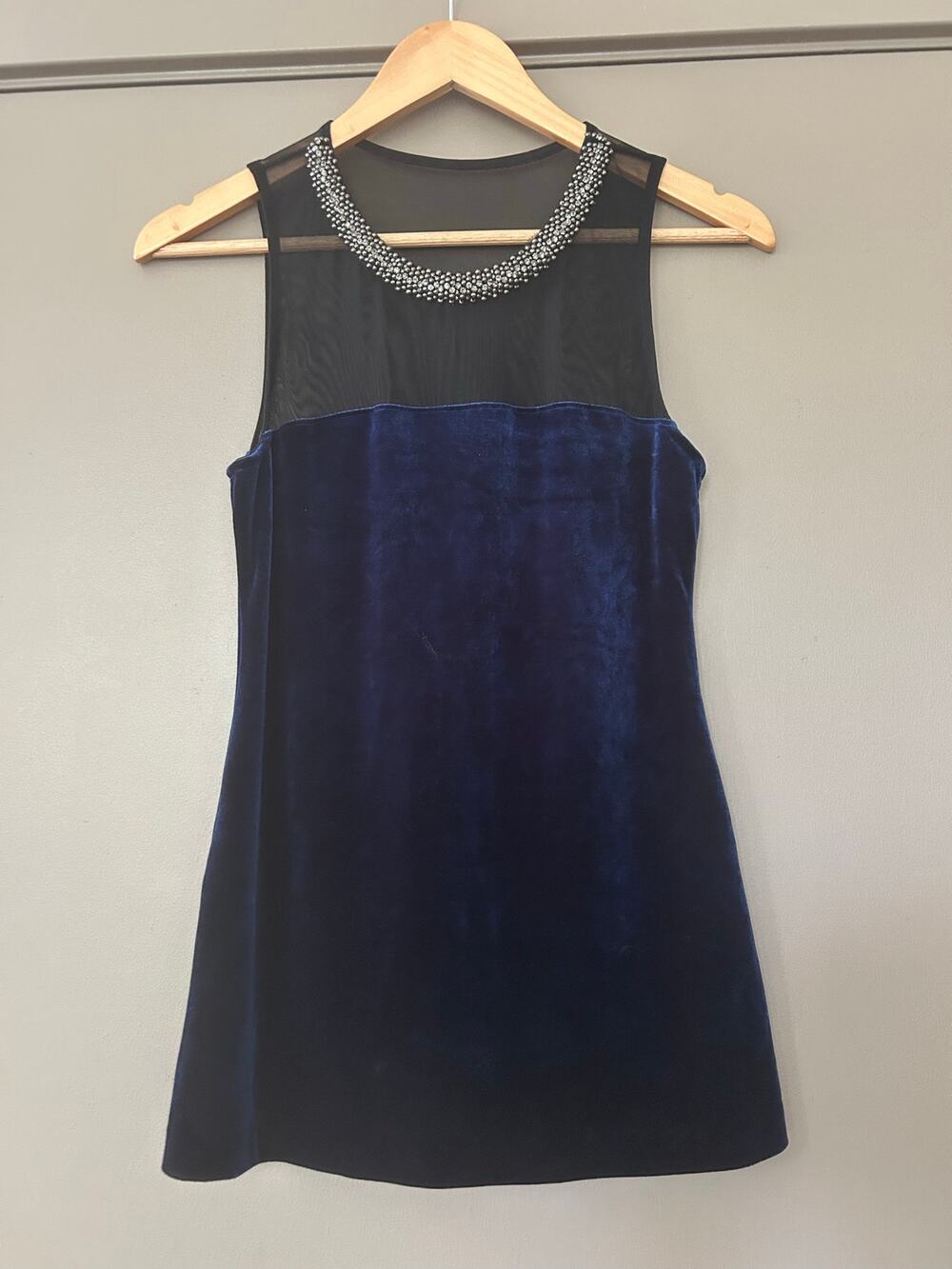 Velvet Mesh Top Sleeveless formal Beaded Neck Blue Twilight Tank Blouse Holiday